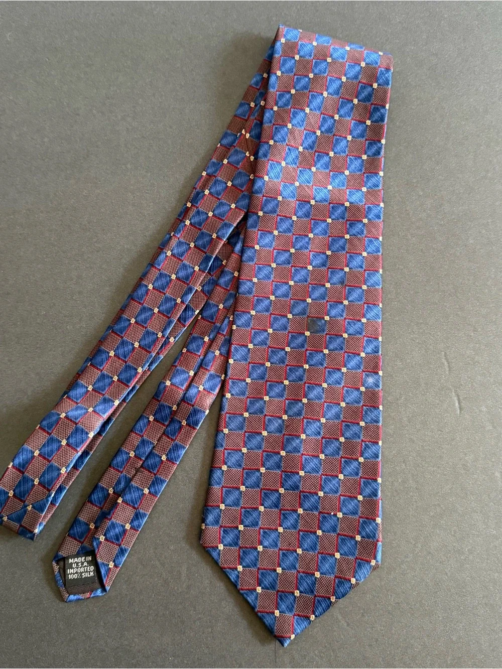 Silk Geometric Check Tie in Blue and Burgundy - Made in USA